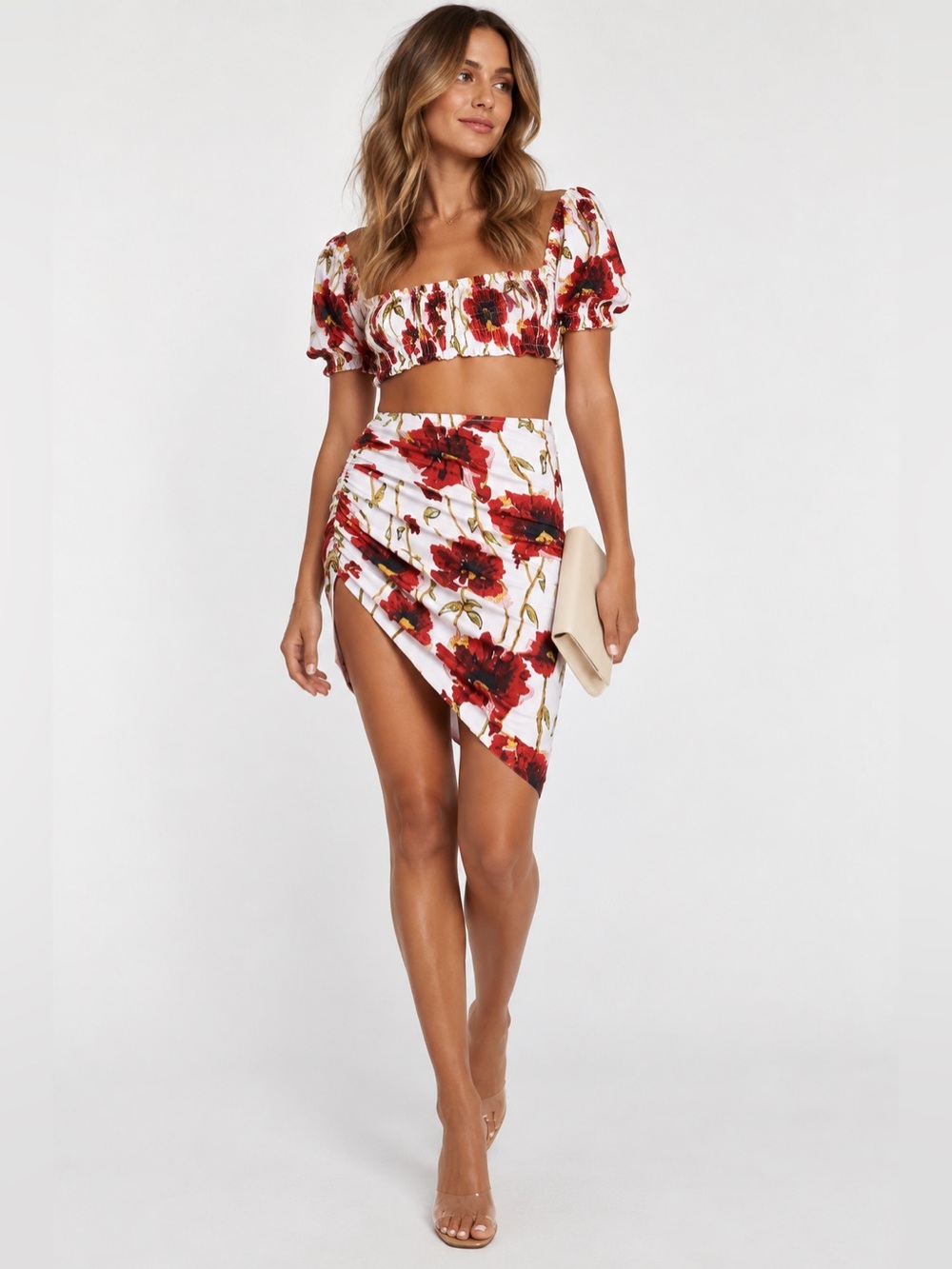NWT Norma Kamali Side Drape Mini Skirt White Poppy Floral S